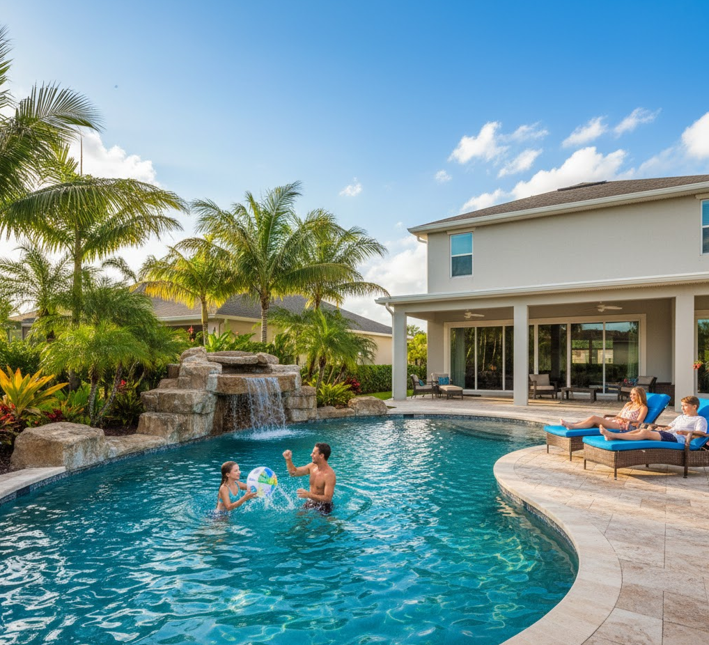 Happy family enjoying their clean pool